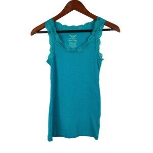 Faded Glory Womens XS Turquoise Ribbed Lace Trim Tank Top